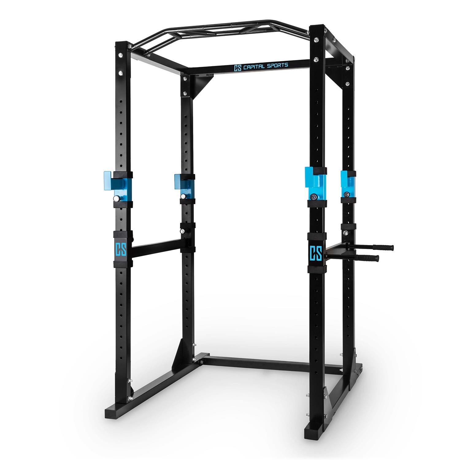 CAPITAL SPORTS Tremendour Power Rack Käfig - Squat Rack Kraftstation, 2 x Safety Spotter: 20-stufig, 4 x J-Hooks, Multigripp-Klimmzugstange, aufsteckbare Dipstangen, Half Rack