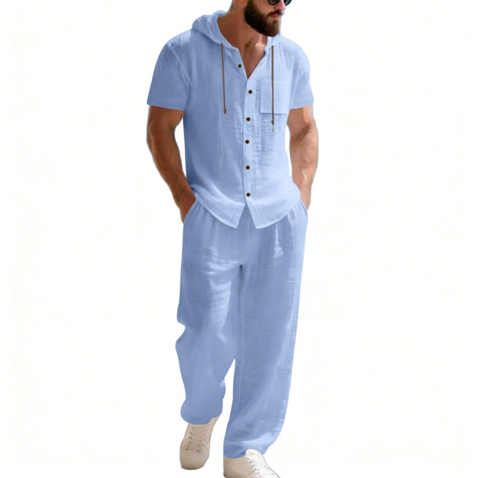 Sommeranzug Herren Leicht Leinen Set Kurzarmhemd Und Hose Sommer Outfit Set 2 Teiliges Strandanzug Einfarbig Casual Hawaii Kostüm mit Kapuze Freizeitanzug Leinenanzug