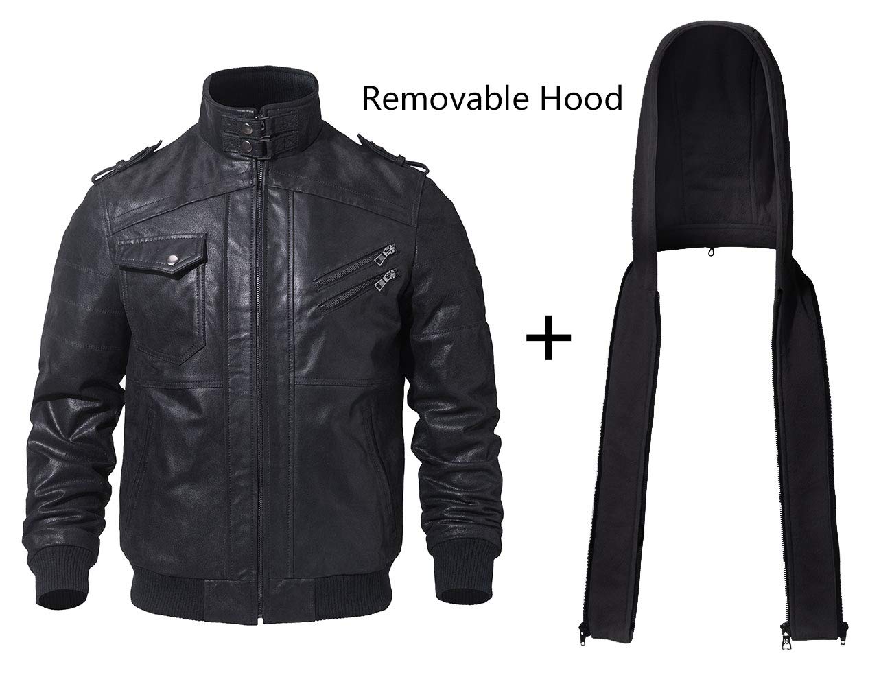 FLAVOR Giacca di Pelle Vera Uomo Moto Cappuccio Staccabile