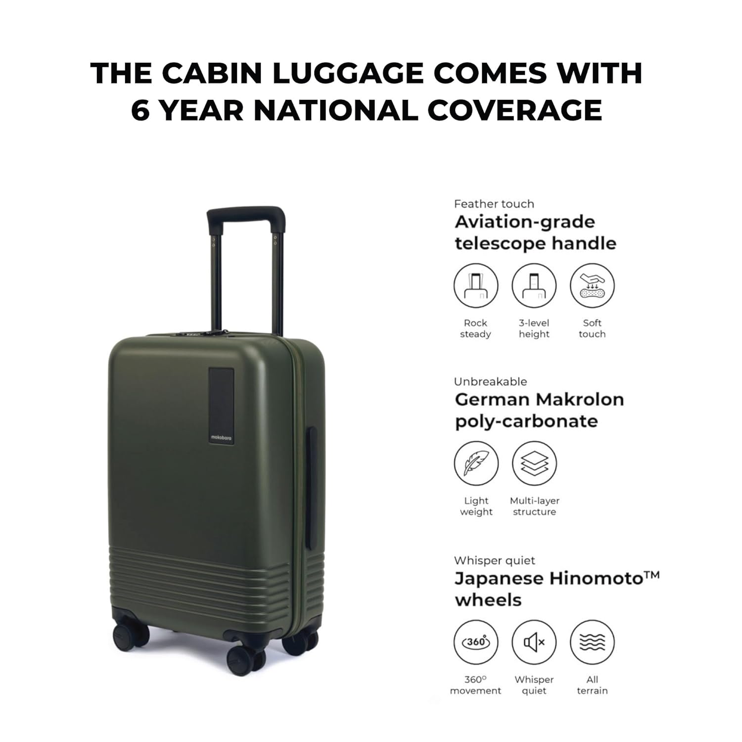 MOKOBARA Iconic Range The Cabin Luggage 58cms German Makrolon Polycarbonate Hard Sided 8 Hinomoto Spinner Wheels Small Trolley-Seaweed Green (Dark Green) 8