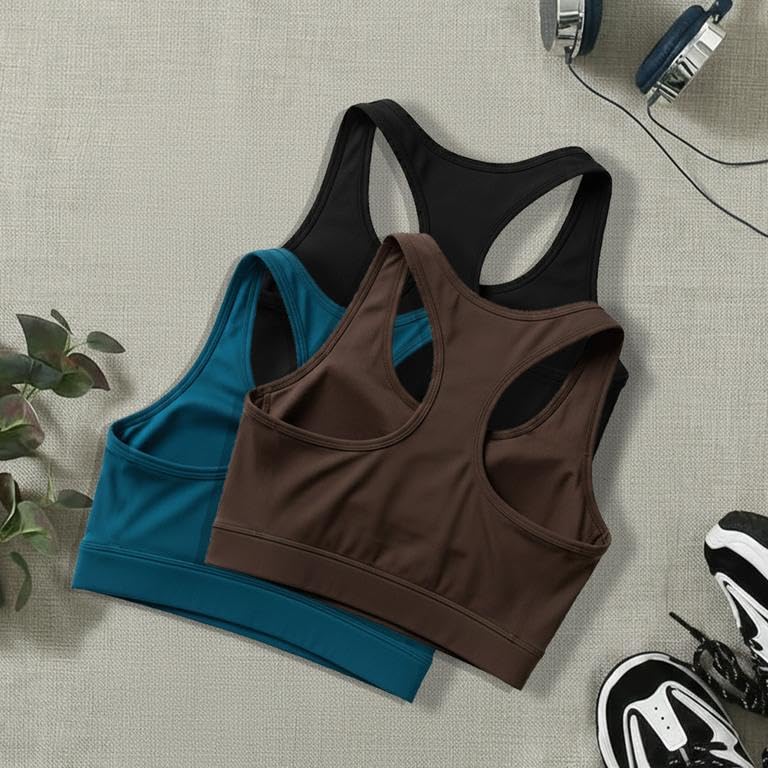 Image of BOLD & BEAUTY Women Cotton Blend Sports Bra with U-Neck, Racerback Style and Regular Straps for Workout, Yoga & Training (Pack of 3)