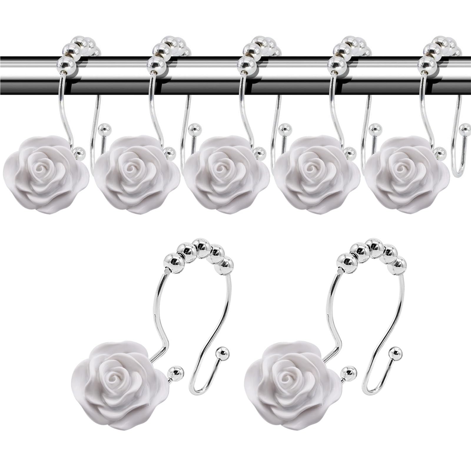 curtain hooks 12 Pcs Rose Double Glide Shower Curtain Hooks Rustproof Decorative Hook Ring With Resin Flower For Bathroom Rods for home(WHITE)