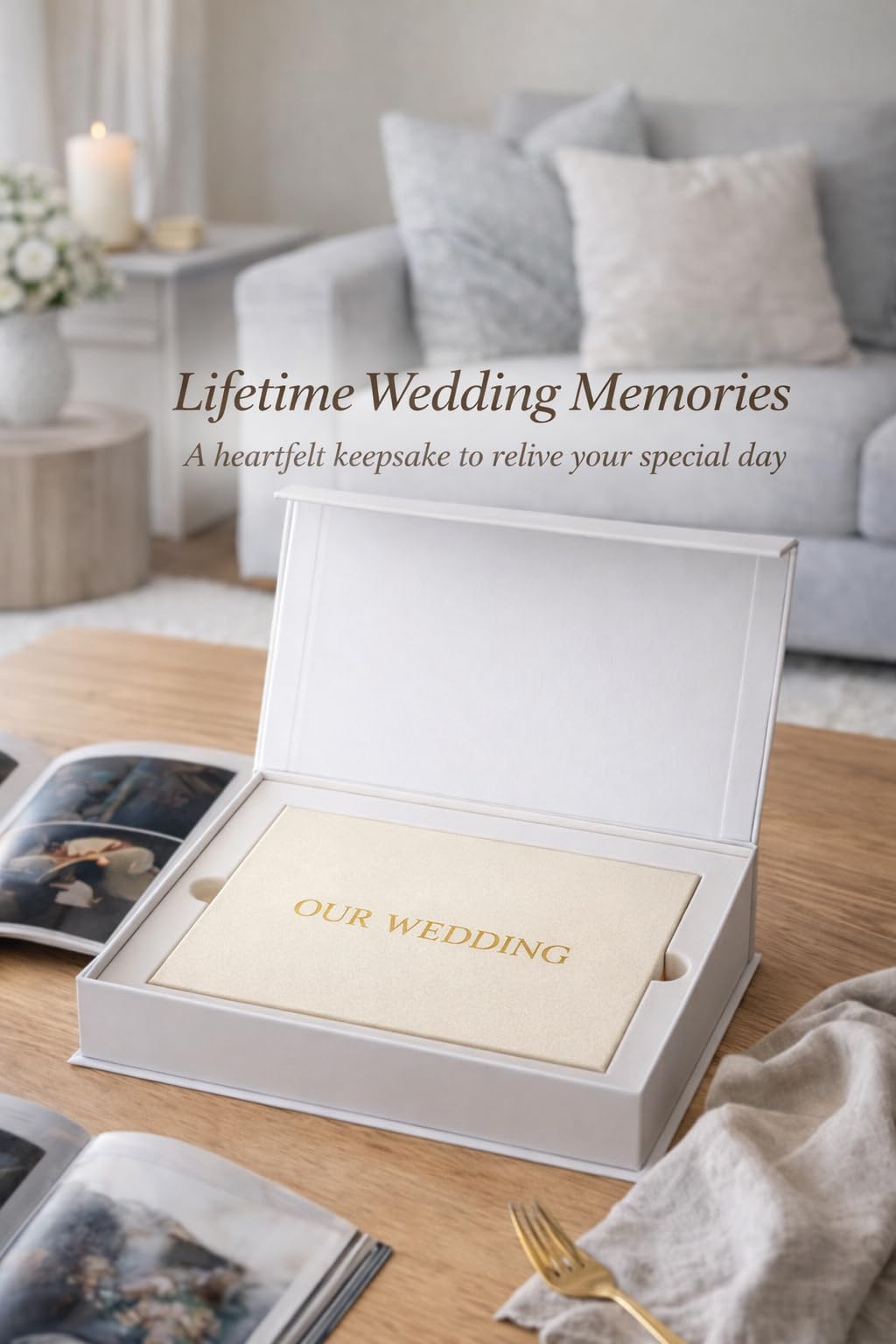 Our Wedding - Goldfolie | Luxuriöses Hochzeits-Videobuch aus Leinen, 17,8 cm (7 Zoll) IPS-Display, 4 GB Speicher, wiederaufladbarer Akku, bis zu 3 Stunden HD-Videospeicher, Hochzeitsandenken