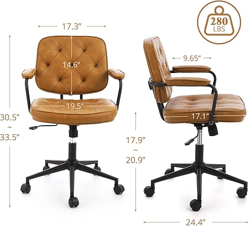 Miniatura 2 de Silla de oficina en casa, silla de escritorio ergonómica con reposabrazos de respaldo medio, altura ajustable, piel sintética, giratoria con ruedas