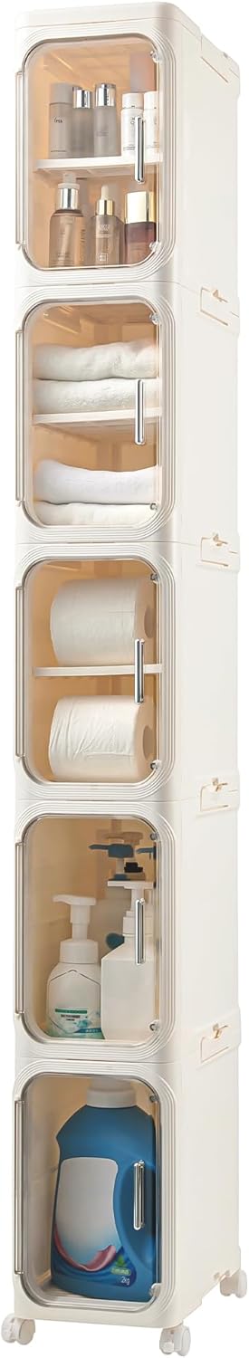 Narrow Bathroom Storage Cabinet with Wheels,5-Tier Plastic Slim Cabinets with Adjustable Shelves for Small Spaces,Bathroom, Kitchen, Cream White