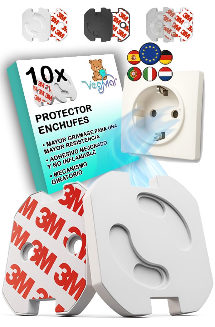 VegMai® [10 Stück] Steckdosen kindersicherung mit Drehmechanismus und 3M Klebeband Ideal für Babys, Kinder und Kleinkinder zu Hause. Schuko Europäischer Stecker Farbe (WEIß)