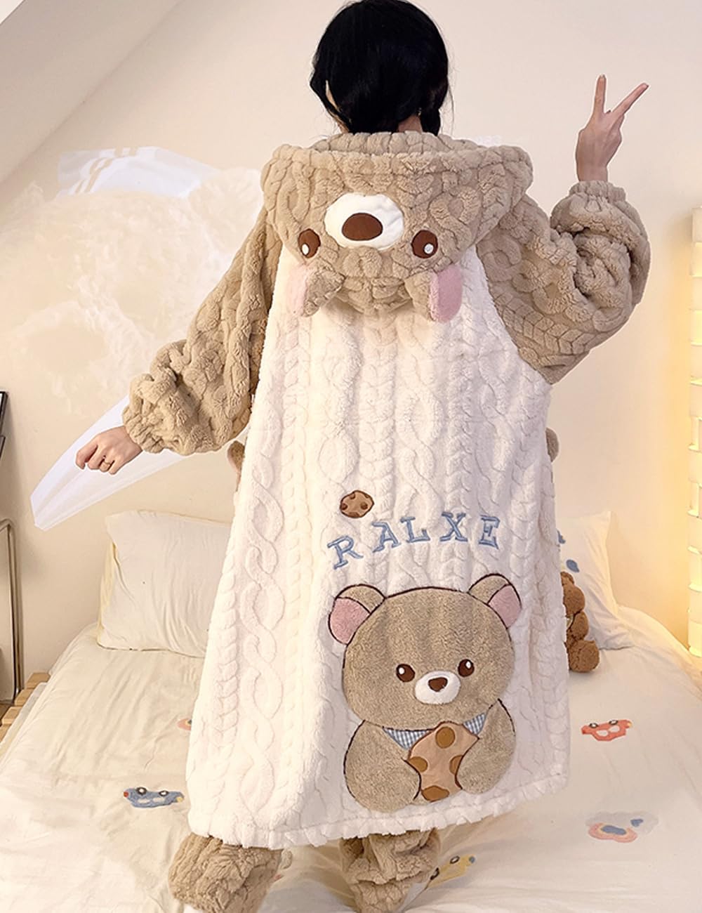 Brrioe Women's cute Kawaii button bathrobe hoodie coat plush warm pajamas and trousers Sets Soft Fleece Hooded Loungewear - Image 2