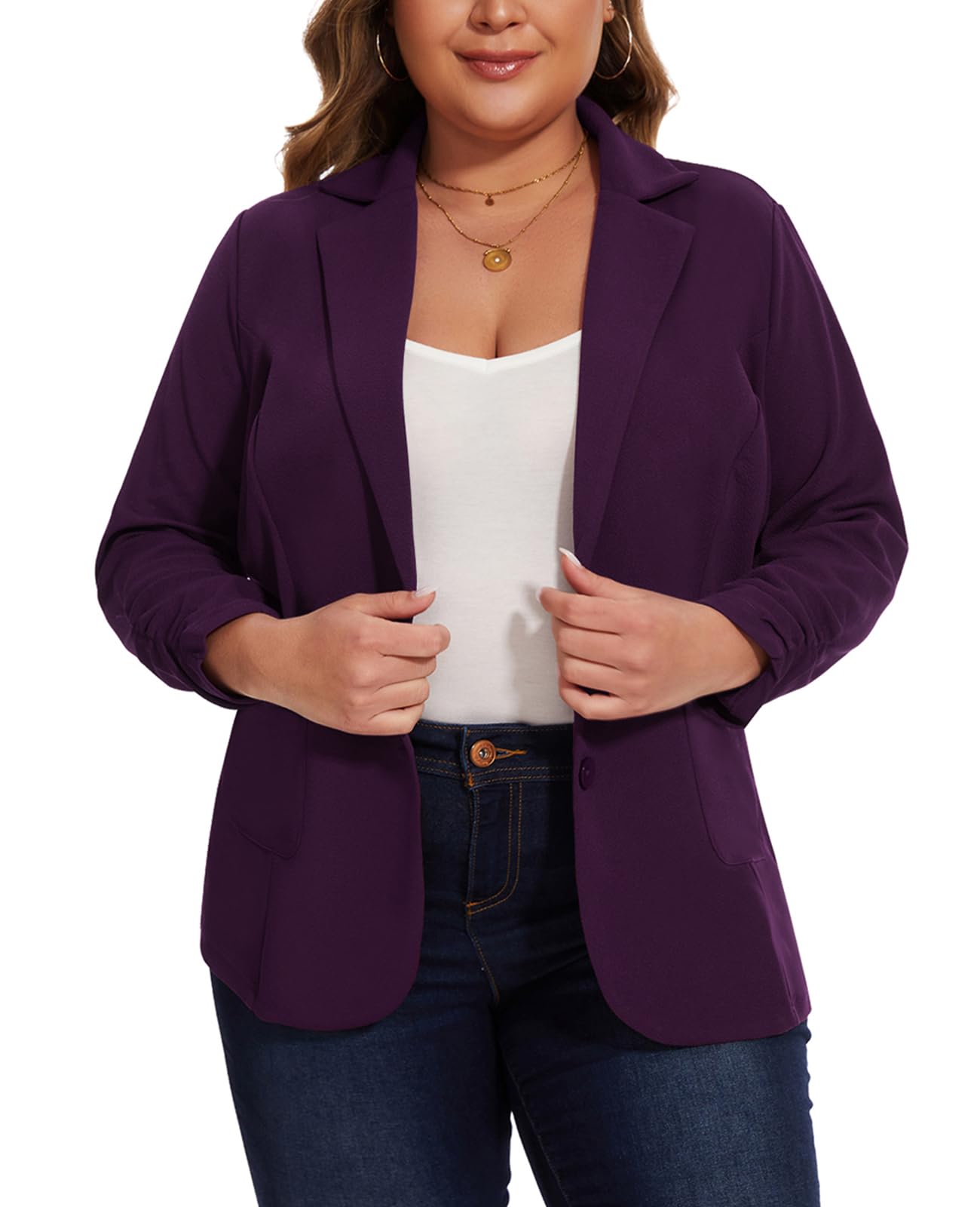 Blazer da donna taglie forti elegante 3/4 con maniche increspate giacche blazer slim fit giacca casual da lavoro con tasche con bottoni