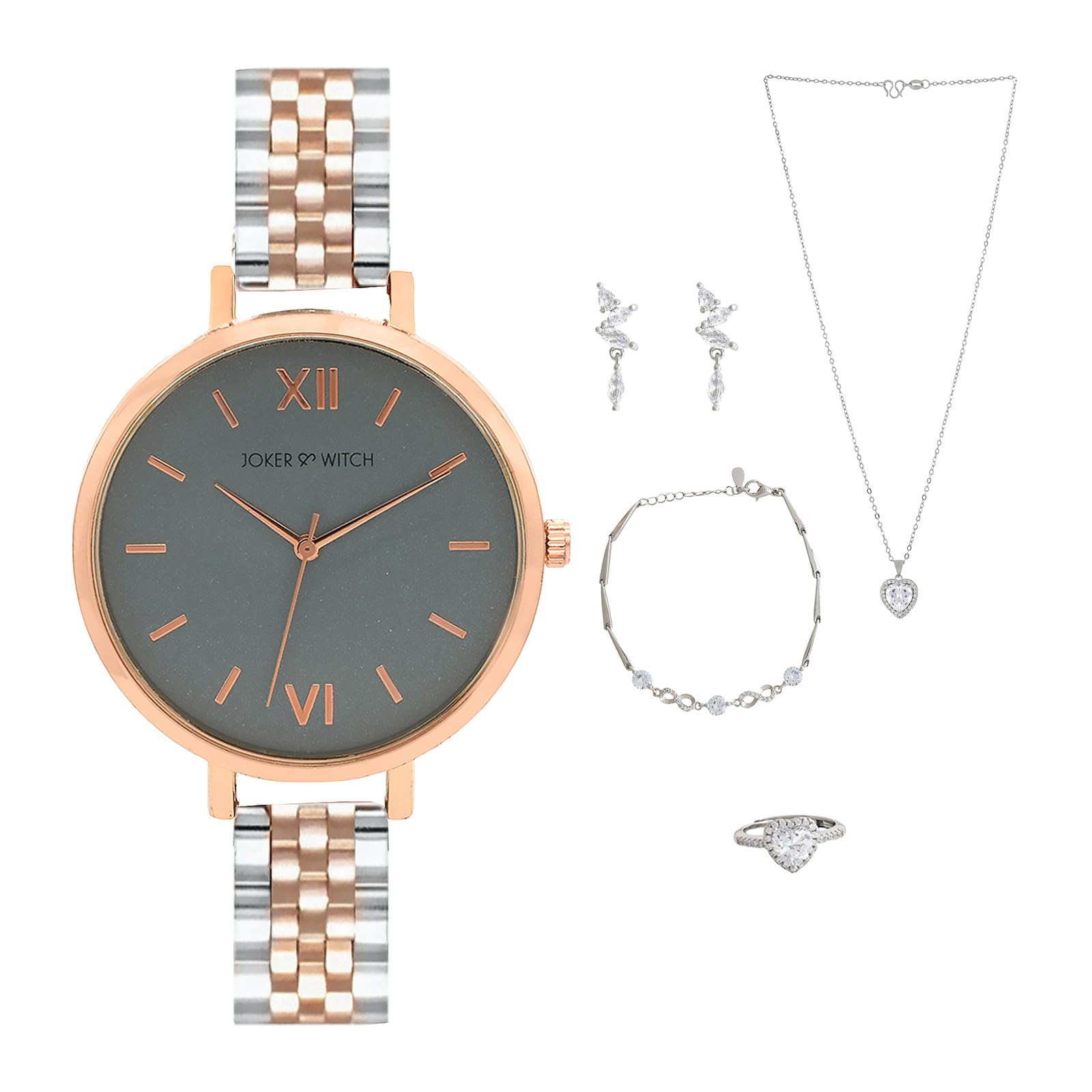 Joker & Witch Stainless Steel Calla Dreams Love Stack Women Analogue Watch Gift Sets, Grey Dial, Rose Gold Band (B0CC516TW3) Amazon Price History, Amazon Price Tracker