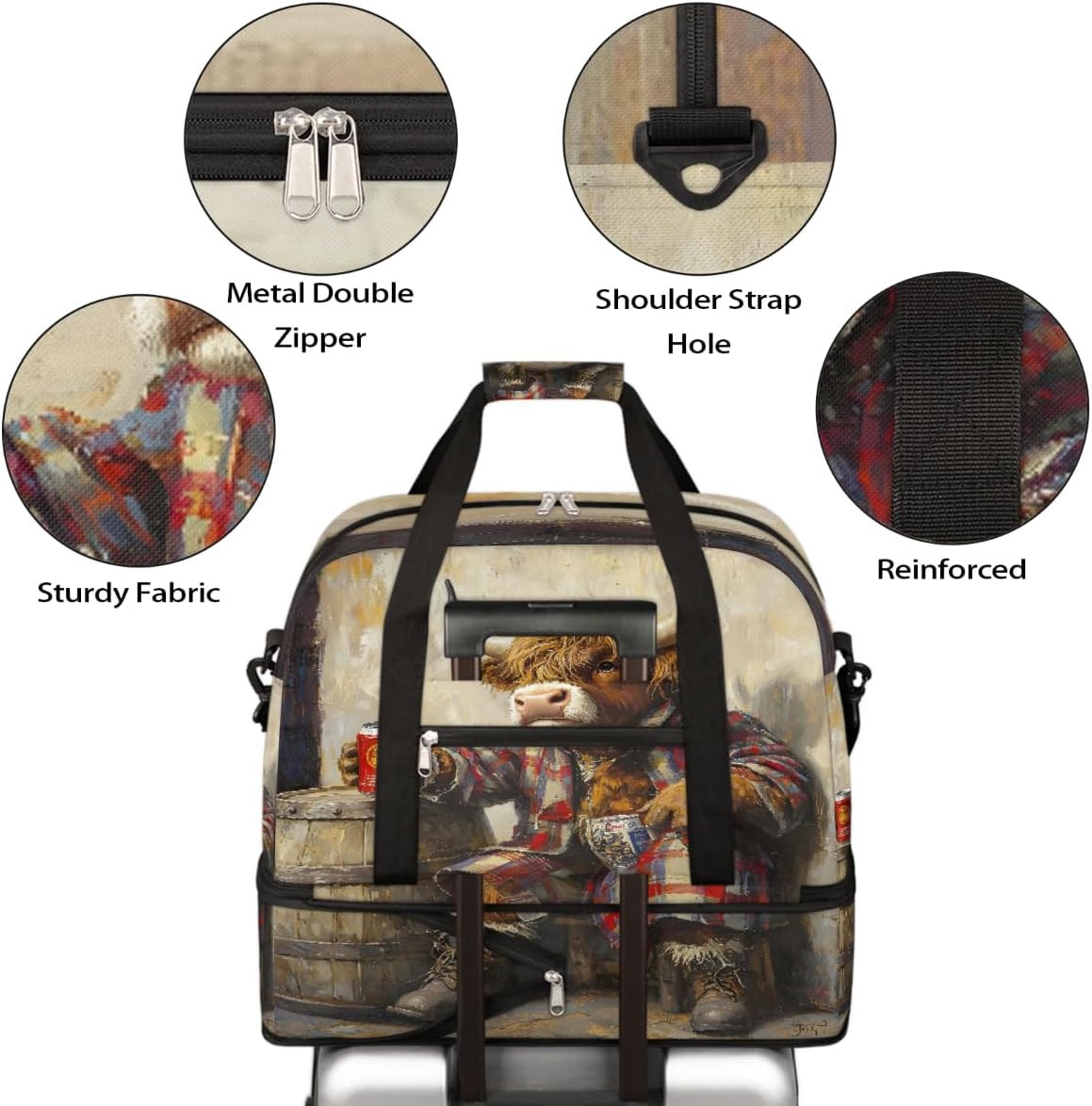 Funny Alpine Cow Barrels Large Travel Duffel Bag for Women Men Gym Bag Weekender Overnight Bags With Shoe Compartment Foldie Travel Tote Bag Carry On Personal Item Bag for Travel Gym Sports