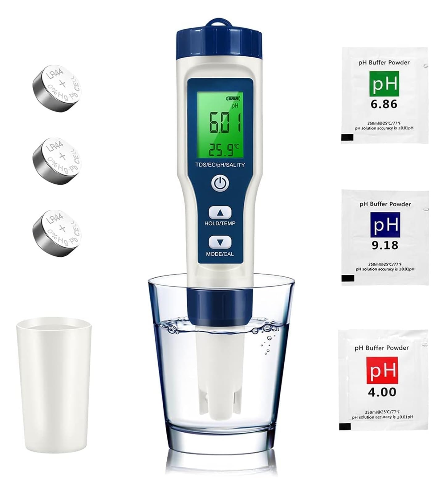 Testeur PH, Ph-mètre numérique Recharable 5-en-1 pH/TDS/EC/salinité/température avec afficha simultané des données for la culture hydroponique, les Aquariums et laboratoires(Rechargeable)