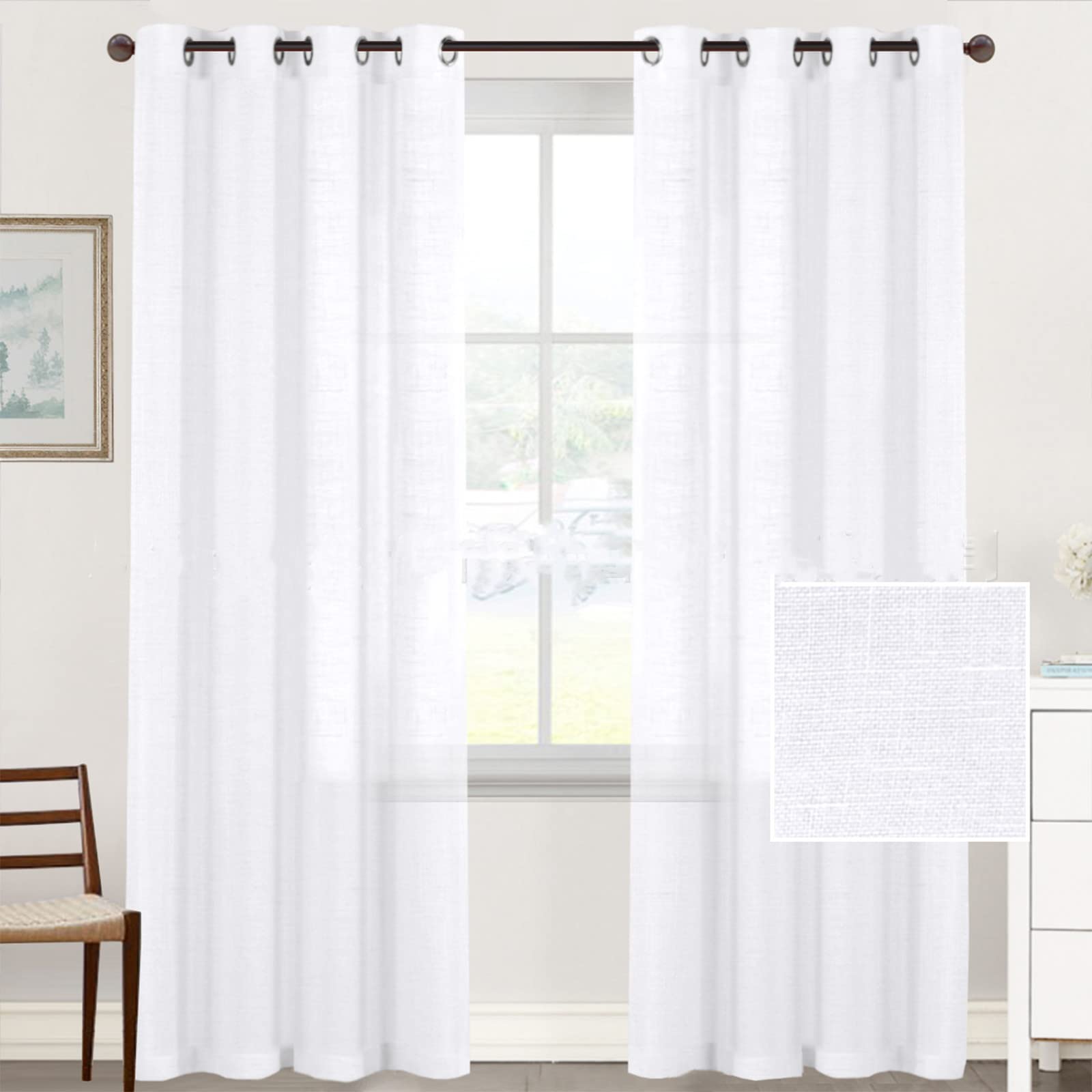 Hiseng Voile Curtains for Bedroom 2 Panels, Solid Color Sheer Curtains Eyelets Curtains Linen Translucent Window Screen Door Drapes for Living Room Balcony Home (132x160cm,Bright white)