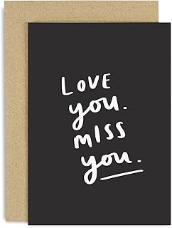 Old English Co. - Tarjeta de felicitación para hombre y mujer, diseño con texto en inglés "Love You Miss You", color blanco y negro, interior en blanco con sobre