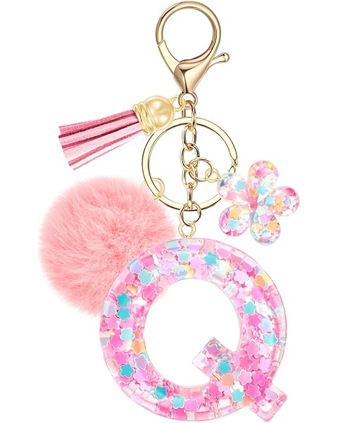 Initial Letter Keychain for Girls, Cute Pink Flower Resin Alphabet Keyrings, Sequin...