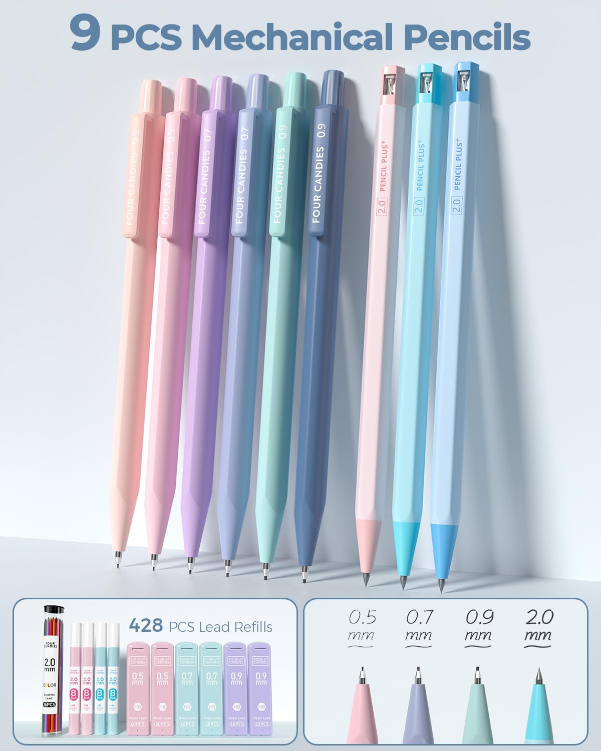 Four Candies 56 PCS Aesthetic School Supplies with Cute Pencil Case, 6 Multicolor Pen, 12 Pastel Highlighters, 5 Gel Pens Black Ink, 9 Mechanical Pencils for Student Stationary Set Preppy Stuff (Blue) - Image 7