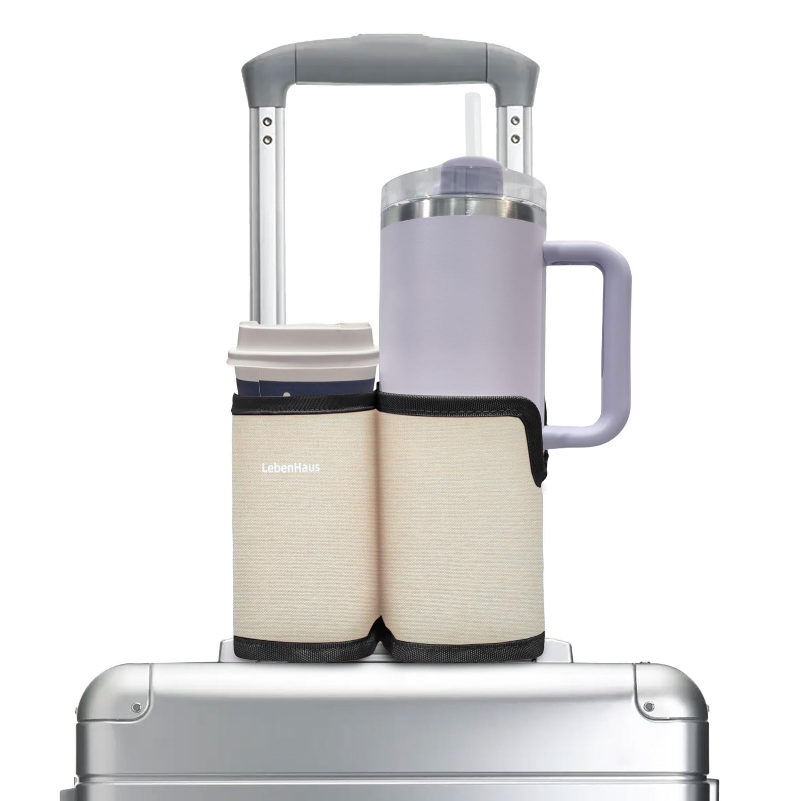 LebenHaus 2 in 1 Luggage Cup Holder for Suitcase|Airplane Tray Table Carry on Hands Free Drink Carrier for Stanley Tumblers Coffee Beverage Organizer