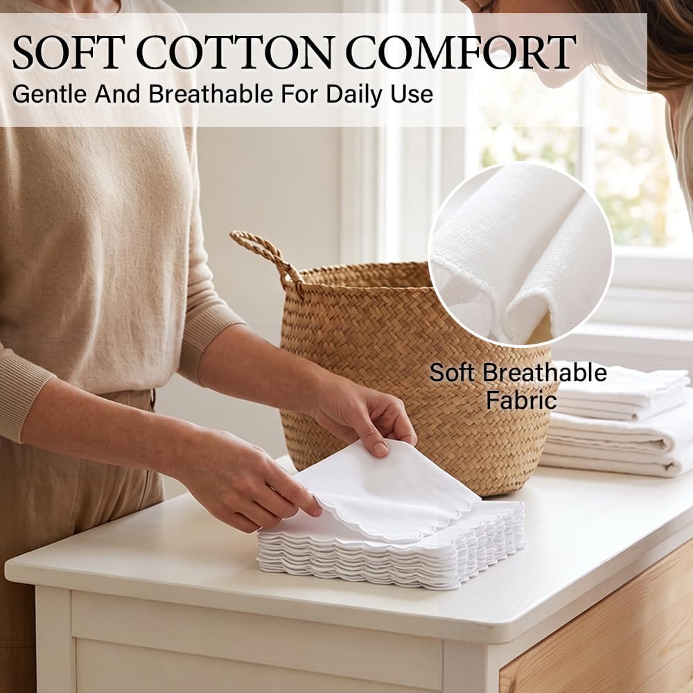 6Pcs White Cotton Handkerchiefs, Soft Reusable Pocket Squares 12 Inch