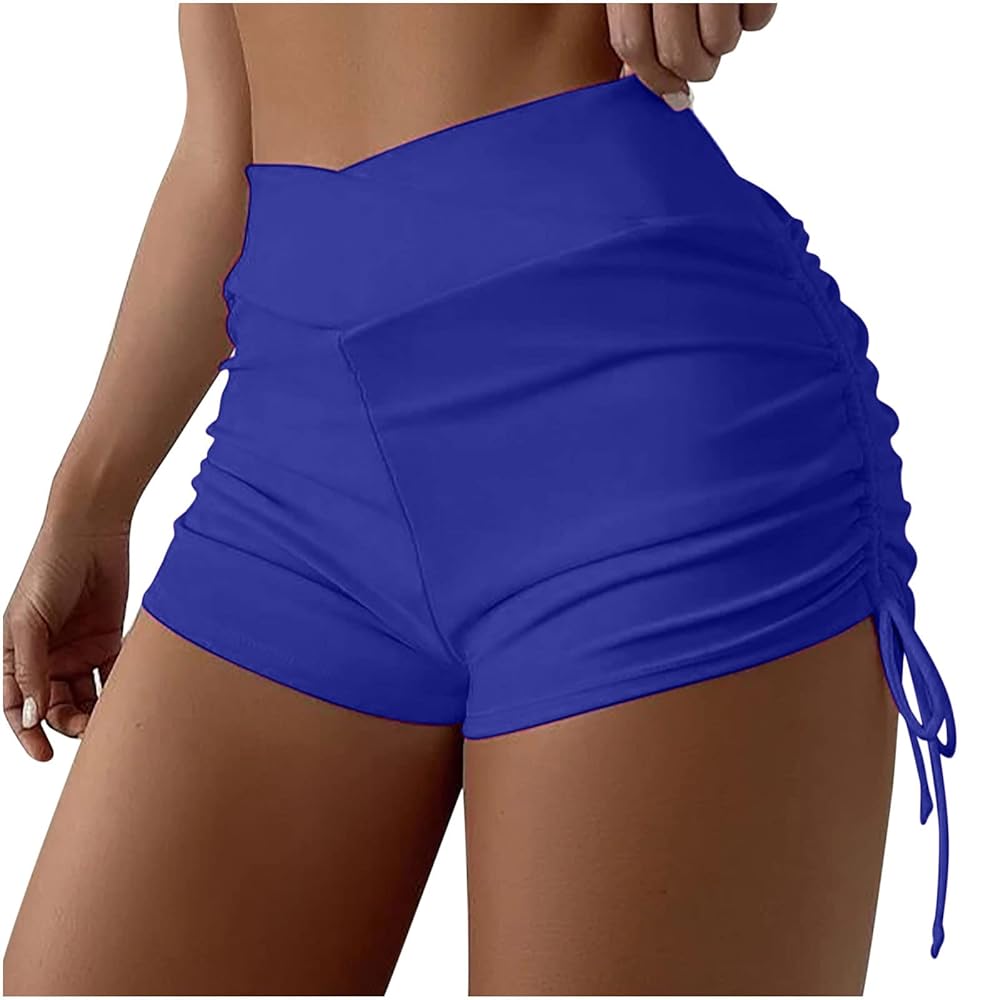 【DIAGONAL】STRETCHY BIKER SHORTS Athletic Shorts for Women High Waist Side Drawstring Ruched