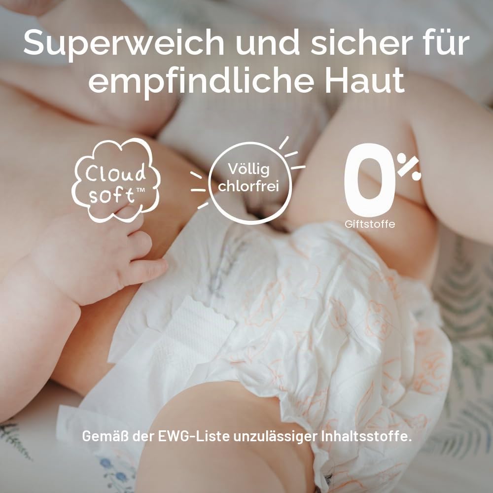 Pura Eco Babywindeln - Größe 4 (8-14 kg/18-31 lbs), 6 x 24 Windeln (144 insgesamt), Monatspaket, ultraweiche Windeln für empfindliche Haut, Bio-Baumwolle, bis zu 12 Stunden Auslaufschutz, neue