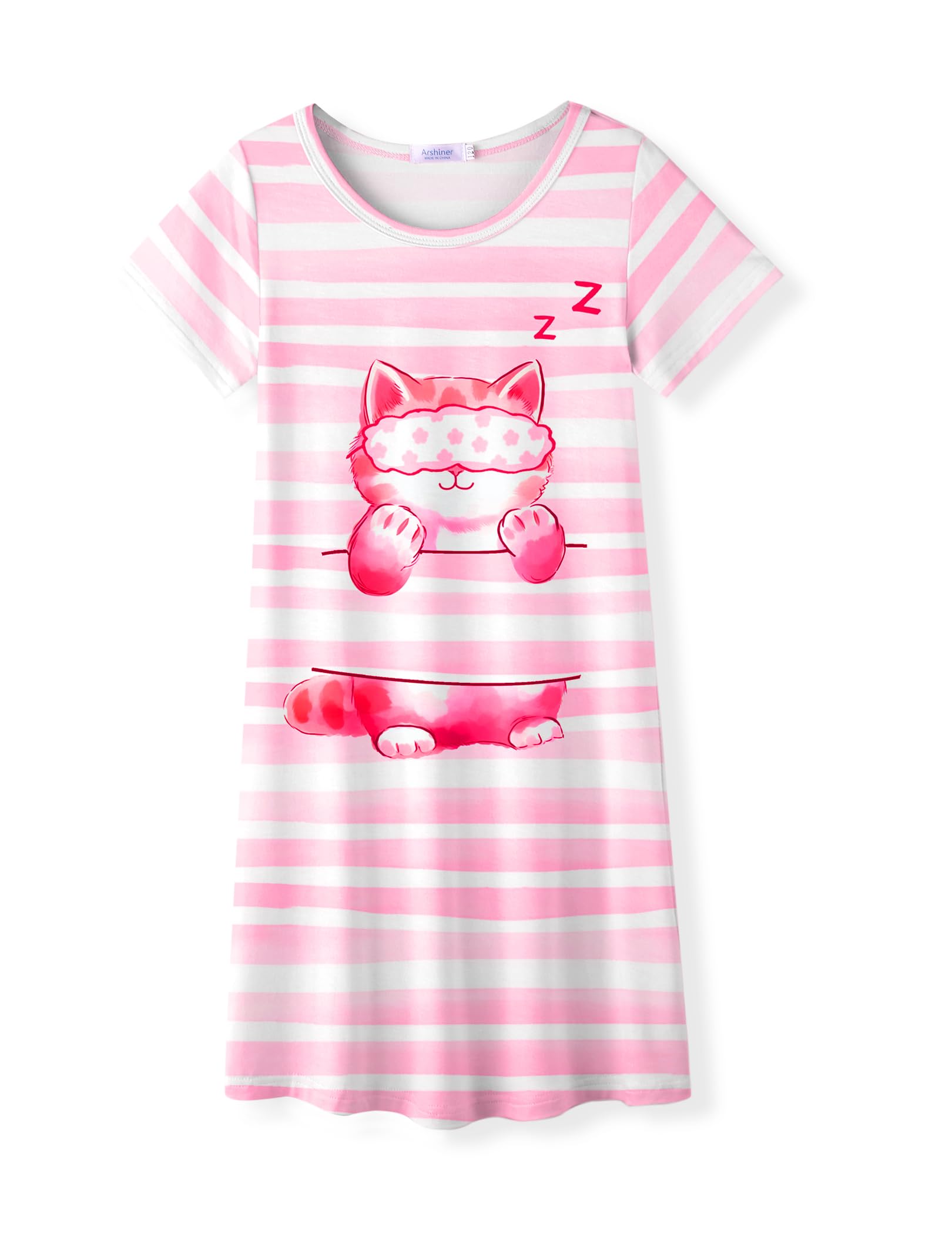 Arshiner Nachtjurk Meisjes, Korte Mouwen, Slaapkleding, Kindernachtkleed, Kat, Eenhoorn, Ronde Hals, Nachtjurk, 4-12 Jaar, regenboog, 7-8 Jaar