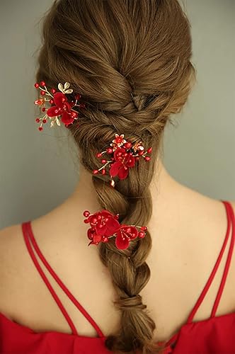 Miniatura 3 de Accesorio para el pelo de novia, peine de flores rojas con diamantes de imitación y perlas para mujeres, novia, graduación, fiesta, noche