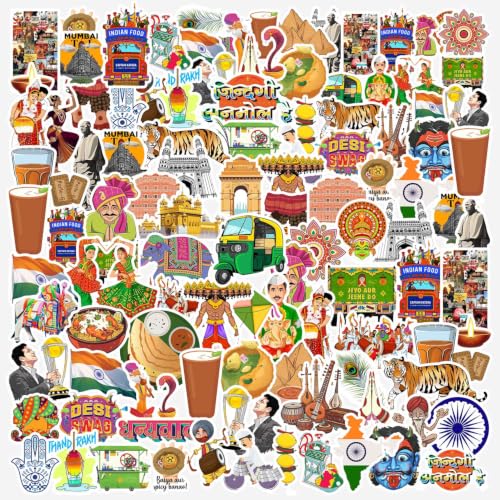 Image of India Theme Vinyl Stickers Pack of 50 | Waterproof Self-Adhesive Indian Culture & Heritage Decals for Laptop, Water Bottle, Mobile, Journal, Scrapbook, Luggage, Helmet & DIY Decoration
