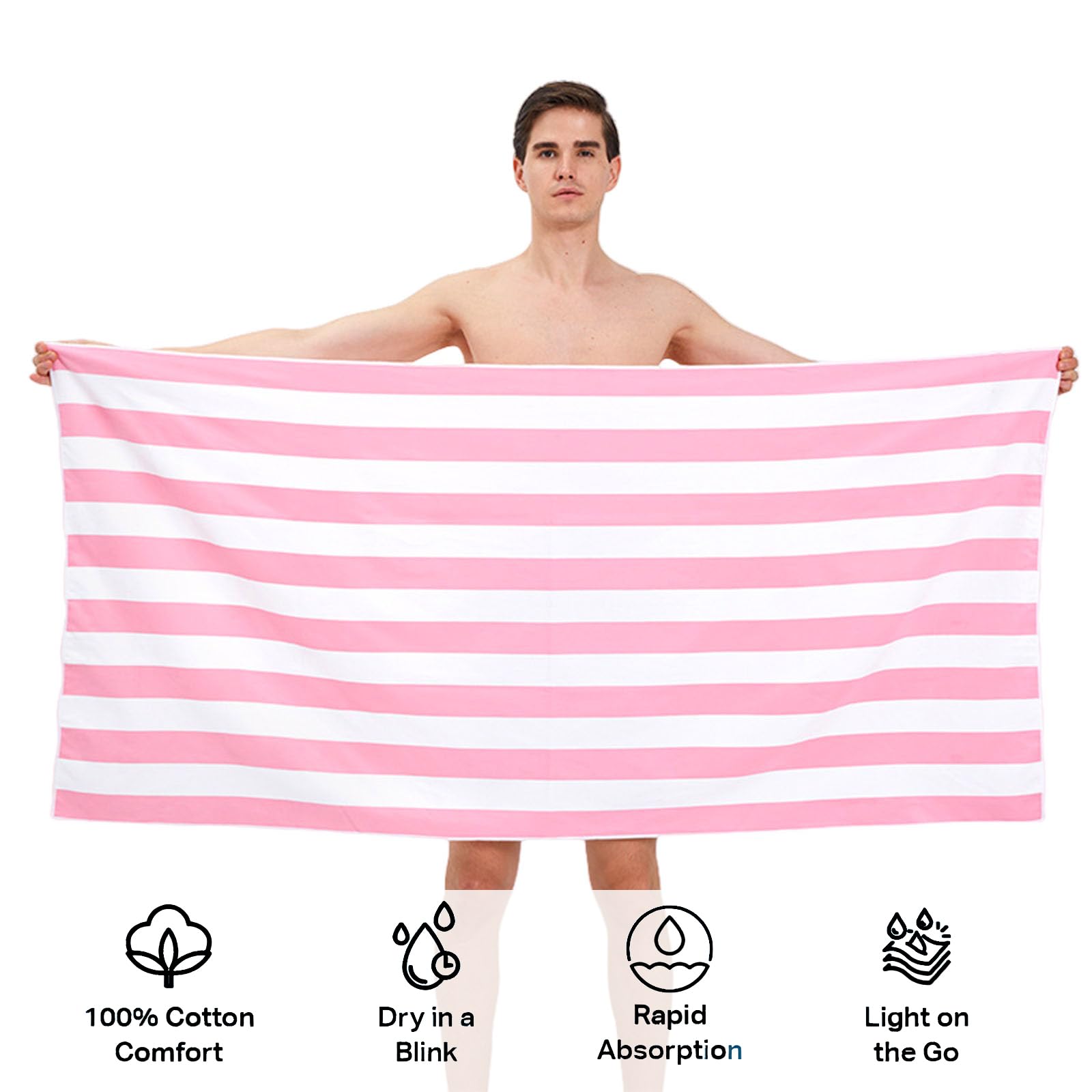 Large Quick Dry Microfibre Beach Bath Towel for Adult,Double Sides Pink White Striped Sand Free Beach Towel with Bag,Lightweight Gym Yoga Sports Towel,Compact Travel Summer Beach Towel for Women Men - Image 3