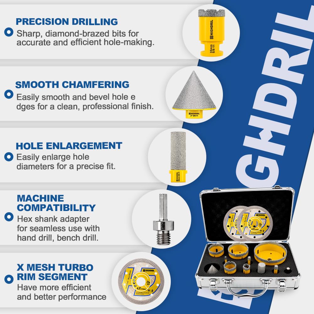 HIGHDRIL 13Pcs Diamond Hole Saw Kit - 1/4", 5/16", 3/8", 4/5", 1-3/8", 2", 4" Drill Bits with 2" Chamfer Bit, 4/5" Finger Bit, HEX Adapter & Saw Blades for Tile Porcelain Ceramic Granite Marble Stone