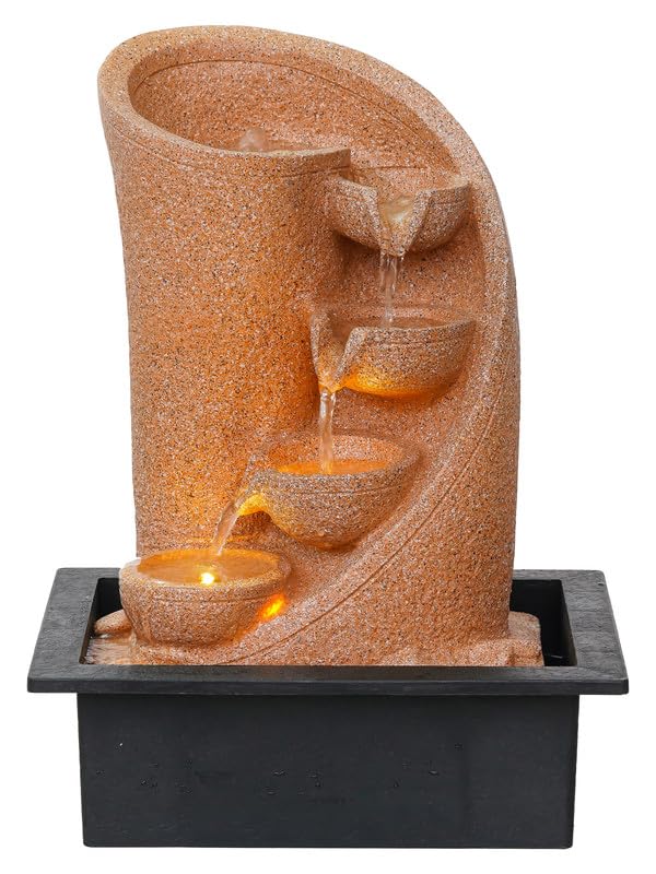 Image of Polyresin Table Top Cream Colour Indoor 3 Designer Steps Waterfall Fountain for Home Decor with Yellow LED Lights & Water Flow Controller Pump (Size: 38 x 29.5 x 22CM | Weight: 1750grm)