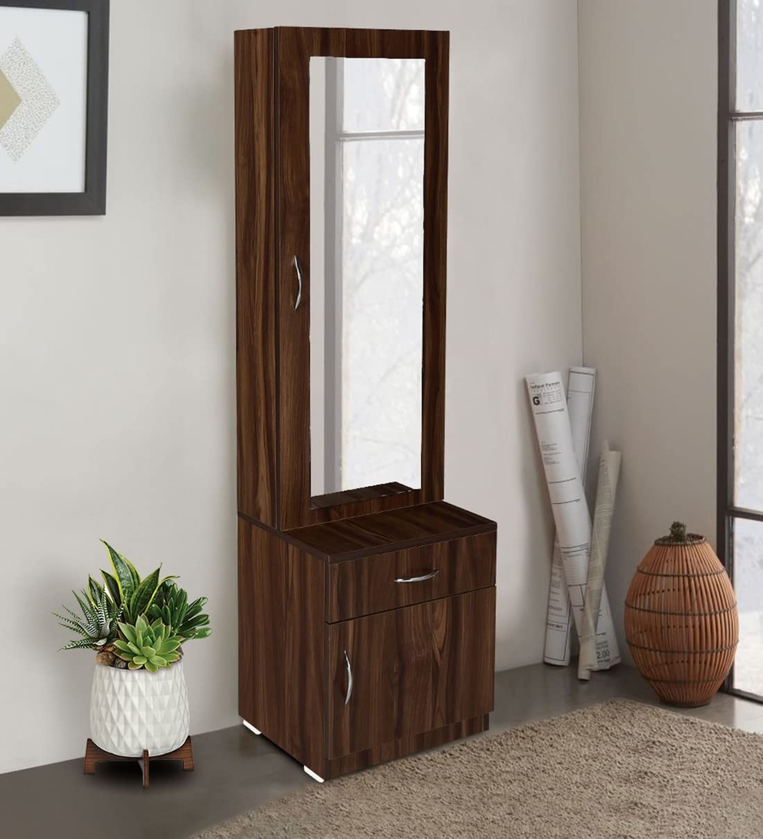MAMTA DECORATION Engineered Wood Dressing Table with 1 Drawer and 1 Door Storage Wooden Vanitie Tables for Bedroom Living Room (Dark Walnut)-image-41