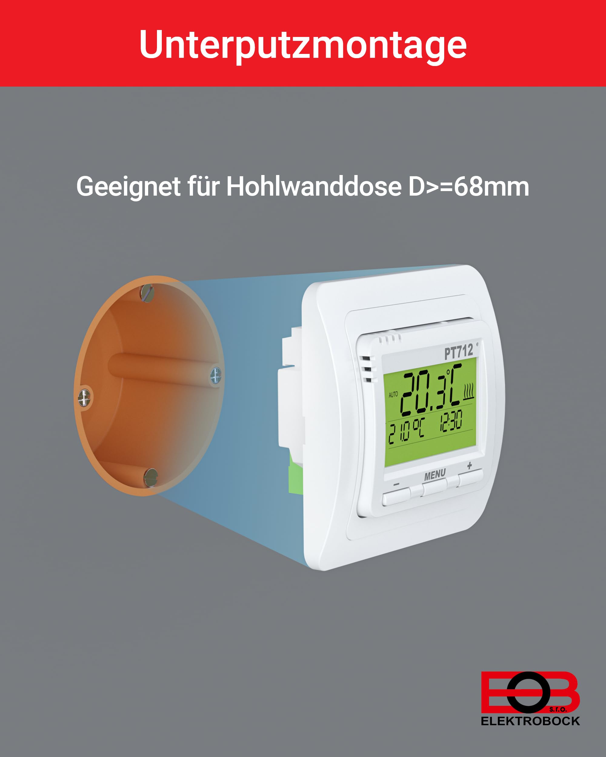 ELEKTROBOCK PT712 Digitaler Raumthermostat 230V - Programmierbarer Wandthermostat mit beleuchtetem LCD Display - Für elektrische Heizungen - Einstellbare Wochenprogramme - Zusatzfunktionen