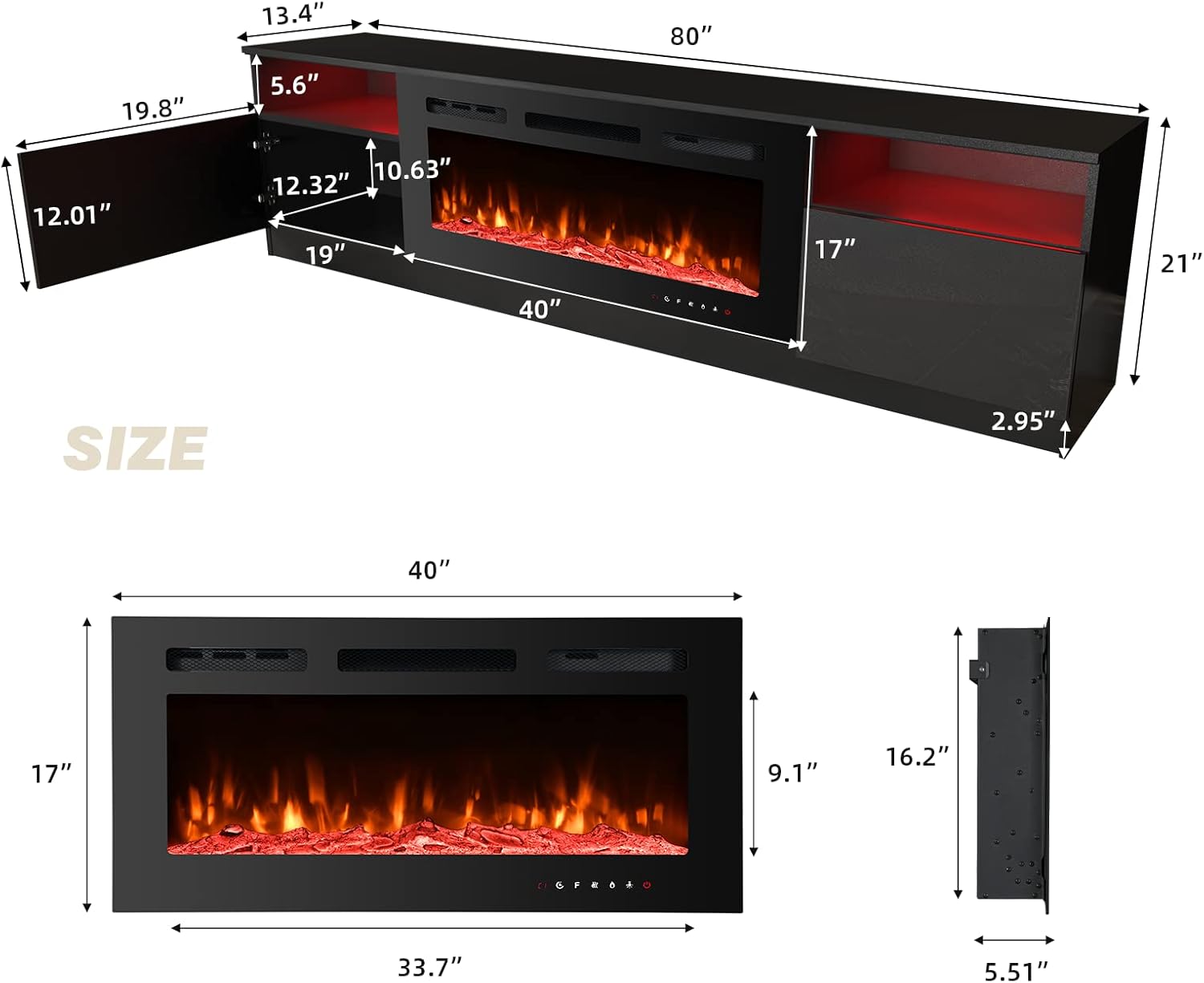 EROMMY 80'' Fireplace TV Stand with 40'' Electric Fireplace, Entertainment Center with 16 Color Led Lights and 12 Flame Fireplace Insert Heater, TV Console for TVs up to 90'' for Living Room, Black