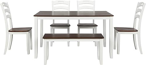 Miniatura 5 de P PURLOVE Juego de mesa de comedor de 6 piezas mesa de cocina con 4 sillas 1 banco para 6 personas abrigo impermeable marfil y cereza