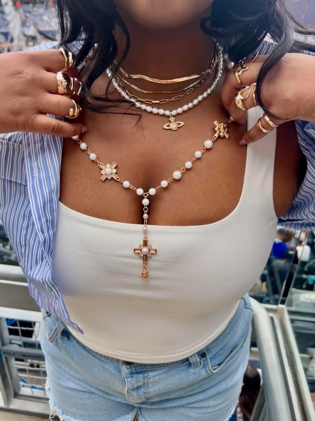 Pearl Layered Lariat Cross Necklace Rosary For Women Chunky Big Cross Y Necklace Long Sweater Chain Necklace Beaded Catholic Jewelry For Women Elegant Gold White - Image 6