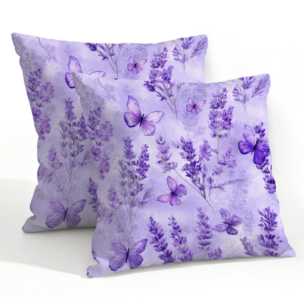Outdoor Pillow Covers Waterproof Pillowcases 22x22in Set of 2 Romantic Lavender Flower Butterfly Decorative Throw Cushion Case for Couch Sofa Garden Patio Furniture