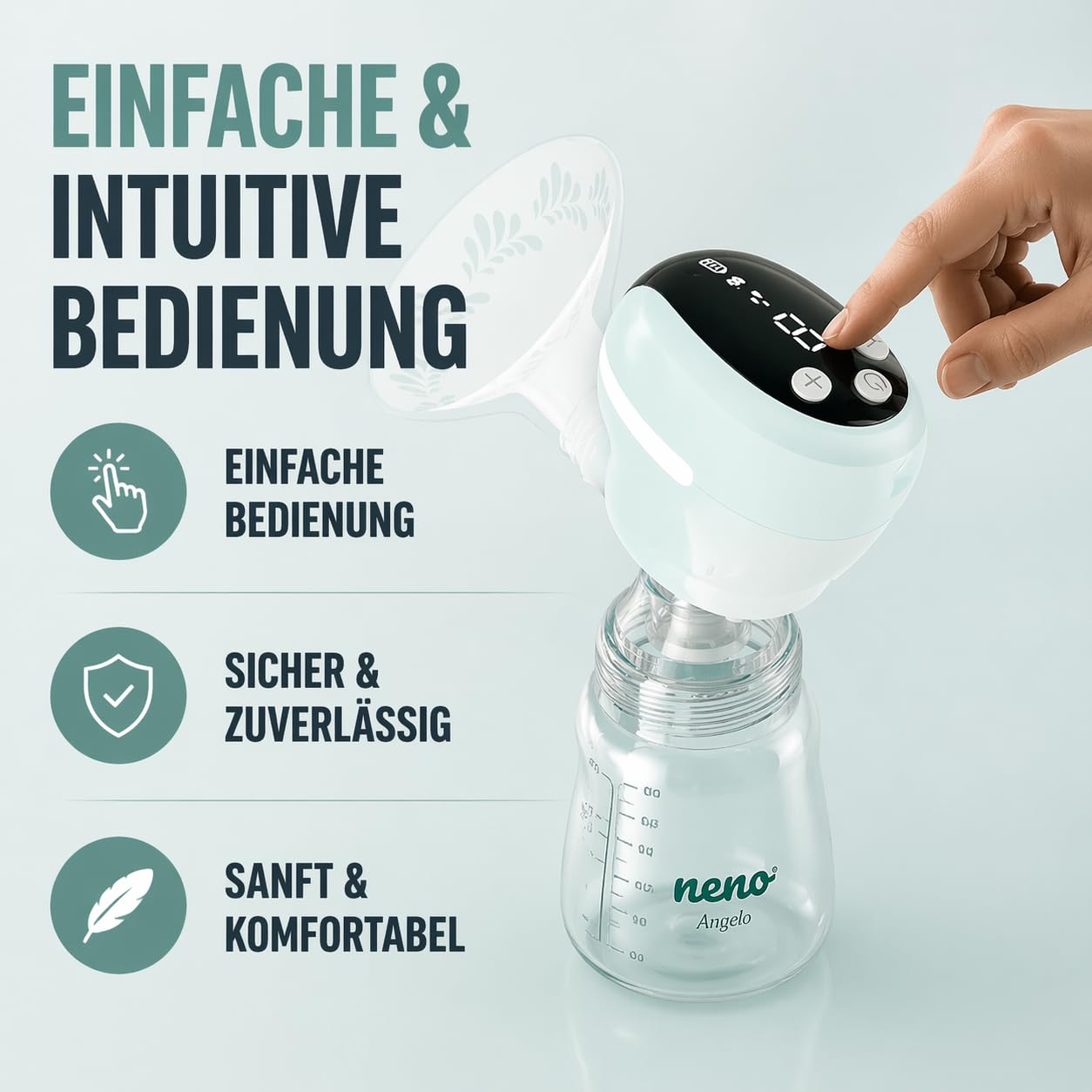 NENO Angelo Milchpumpe Elektrisch Milch Pumpe Kabellos Muttermilch Abpumpen | mit Elektrischer Brustpumpe - Dreiphasen – mit 2 Milchbeuteln & Sauger – 9 Modi & 9 Stufen – BPA-frei