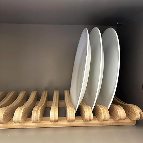 Miniatura 5 de Frcctre Escurridor de platos de bambú, 10 ranuras, soporte de placa de gabinete de bambú, escurridor de platos, estante de platos de madera, soporte