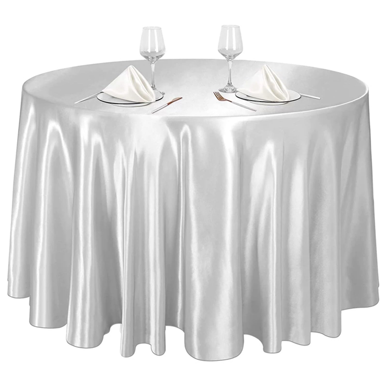 Nappe de table ronde en satin silver pour fête et anniversaire