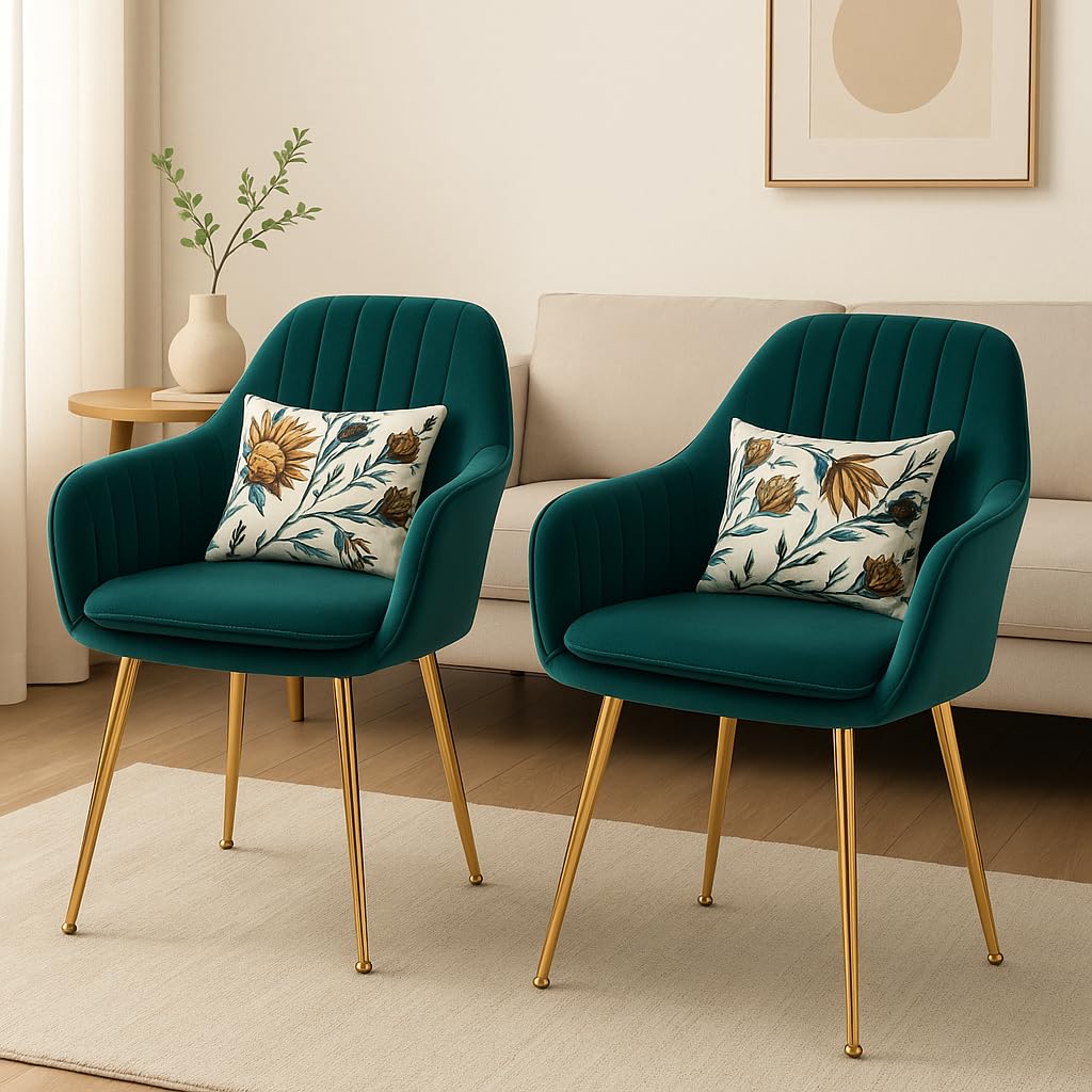 CHAIR DECOR Velvet Chair for Home | Set of 2 Modern Accent Armchair with Floral Pillow in Soft Velvet Fabric with Golden Legs | (Green Floral)-image-49
