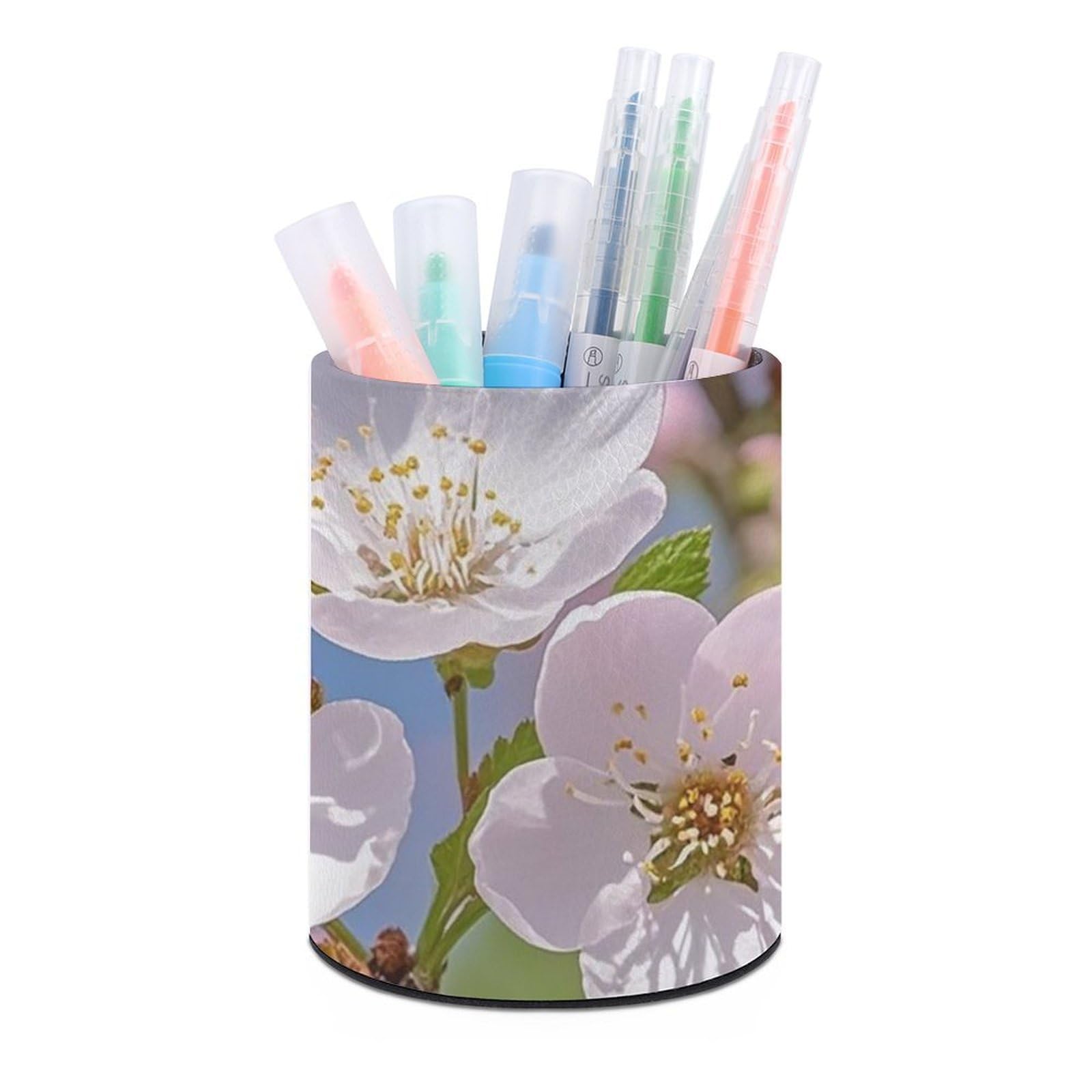 FekiLoot PU Leather Round Pen Holder Japanese Cherry Blossom Pencil Holder Desk Organizer Pen Organizer Pen Cup Pencil Cup Caddy Desktop Stationery Organizers for Office Home Supplies