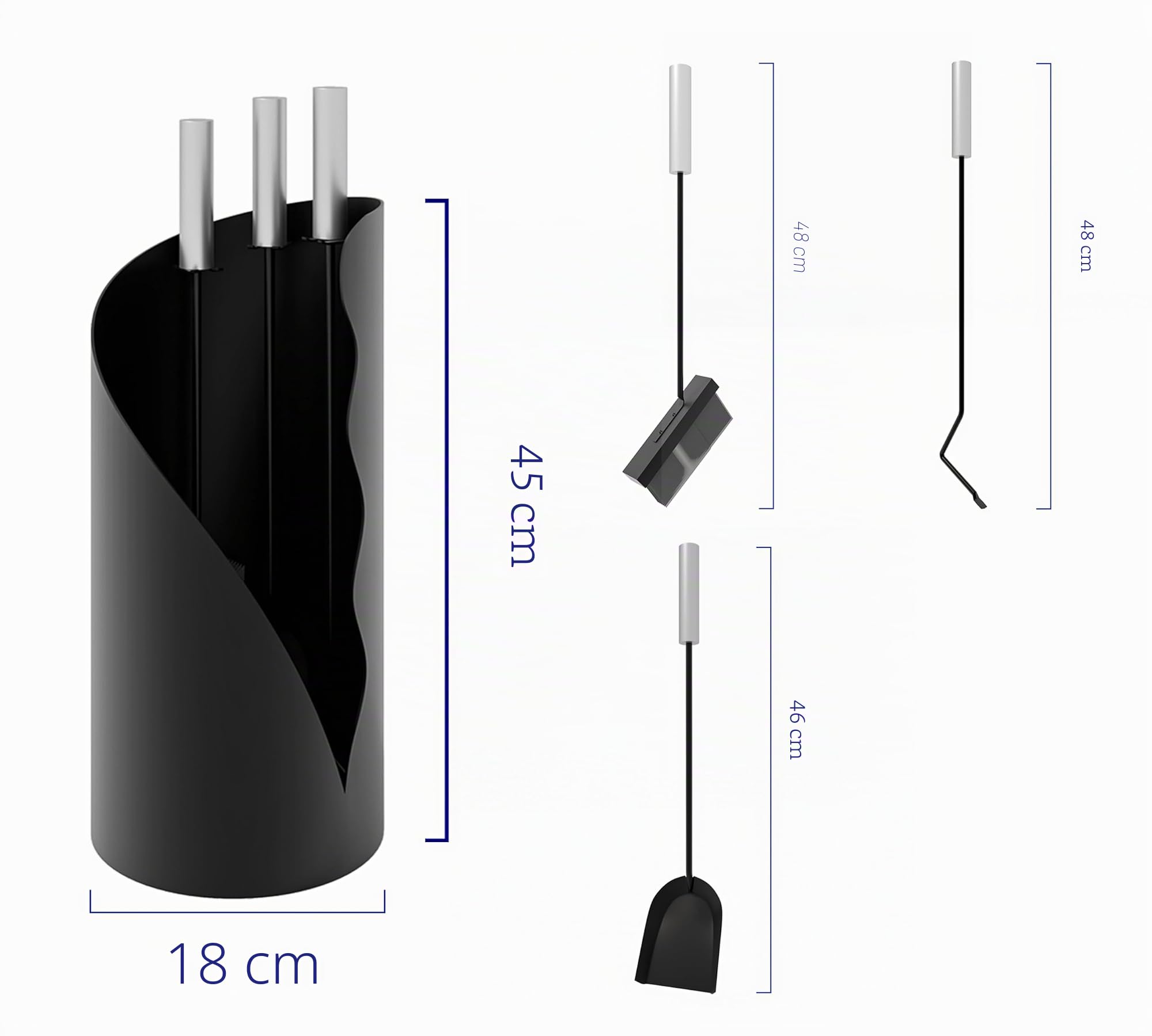 Kingson Juego de utensilios para chimenea de 3 piezas – Juego moderno de herramientas para chimenea con cepillo, pala y atizador – Soporte de pie redondo – 52,5 cm de altura – Mango de acero