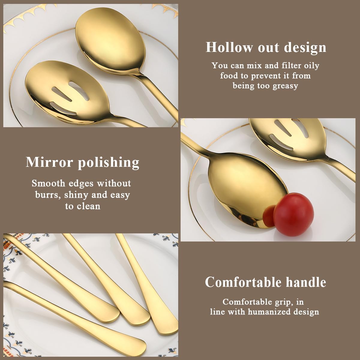 Gold Serving Spoons 8 Pieces, ReaNea Stainless Steel Serving Utensils Set inclunde 4 Serving Spoon 4 Serving Slotted Spoons, Dishwasher Safe