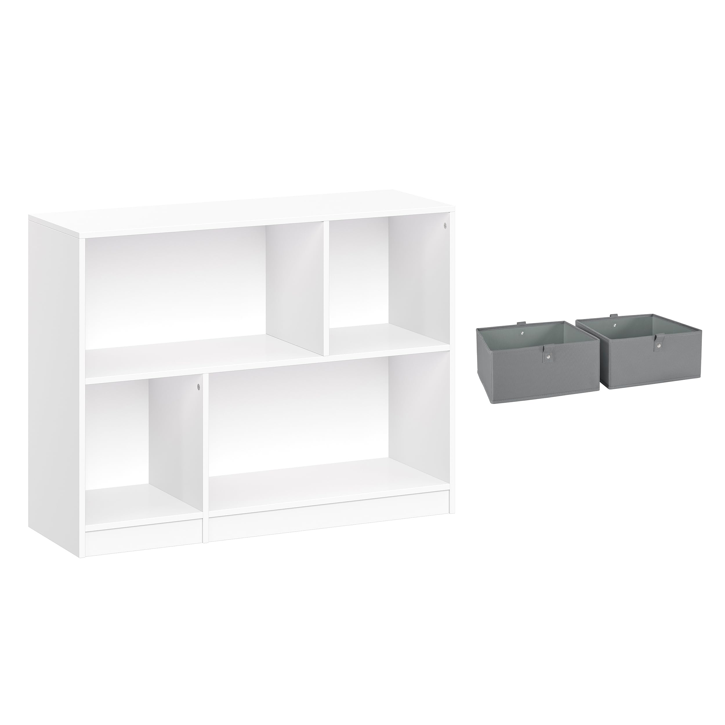 RiverRidgeRiverRidge Kids Horizontal Bookcase with Cubbies and 2pc, White_Gray, White with 2 Gray Bins