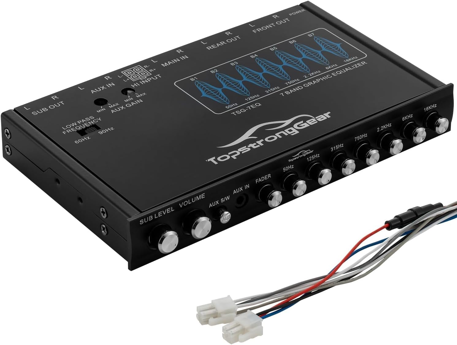 TOPSTRONGGEAR TSG7EQ 7-Band Car Audio Graphic Equalizer with Front 3.5mm Aux Input, High Voltage RCA Outputs and High Level Speaker Inputs