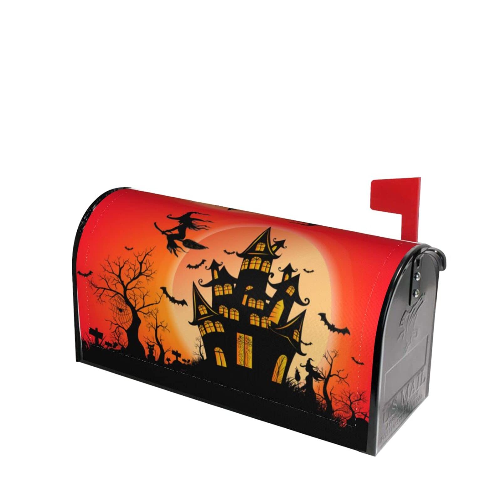 Happy Halloween Witch Castle Moon Mailbox Covers, Magnetic Post Box Cover Wraps Standard Size 21x18 Inches for Garden Yard Decor