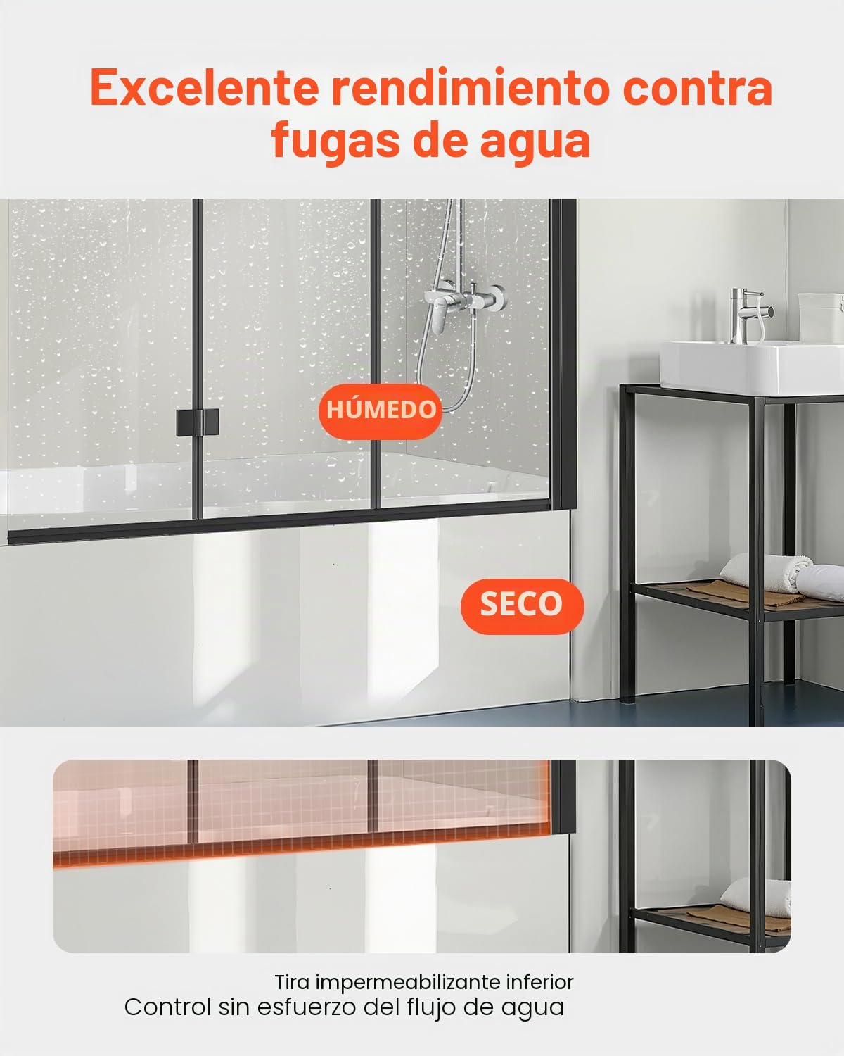 VEVOR Puerta de Ducha para Bañera 1295 x 1422 mm, Puerta de Ducha Plegable de Tres Pliegues sin Marco con Bisagras, Puerta de Vidrio Templado Giratoria de 180°, Grosor de Vidrio de 6 mm, Negro
