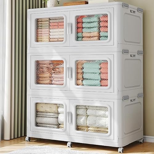 BROVIEW 660 Qt Stackable Storage Bin with Lid, 165Gal Extra Large Collapsible Storage Boxes, Folding Plastic Drawer, Heavy-Duty Store Cabinet, Closet Organizer for Home Kitchen, 3 Pack White
