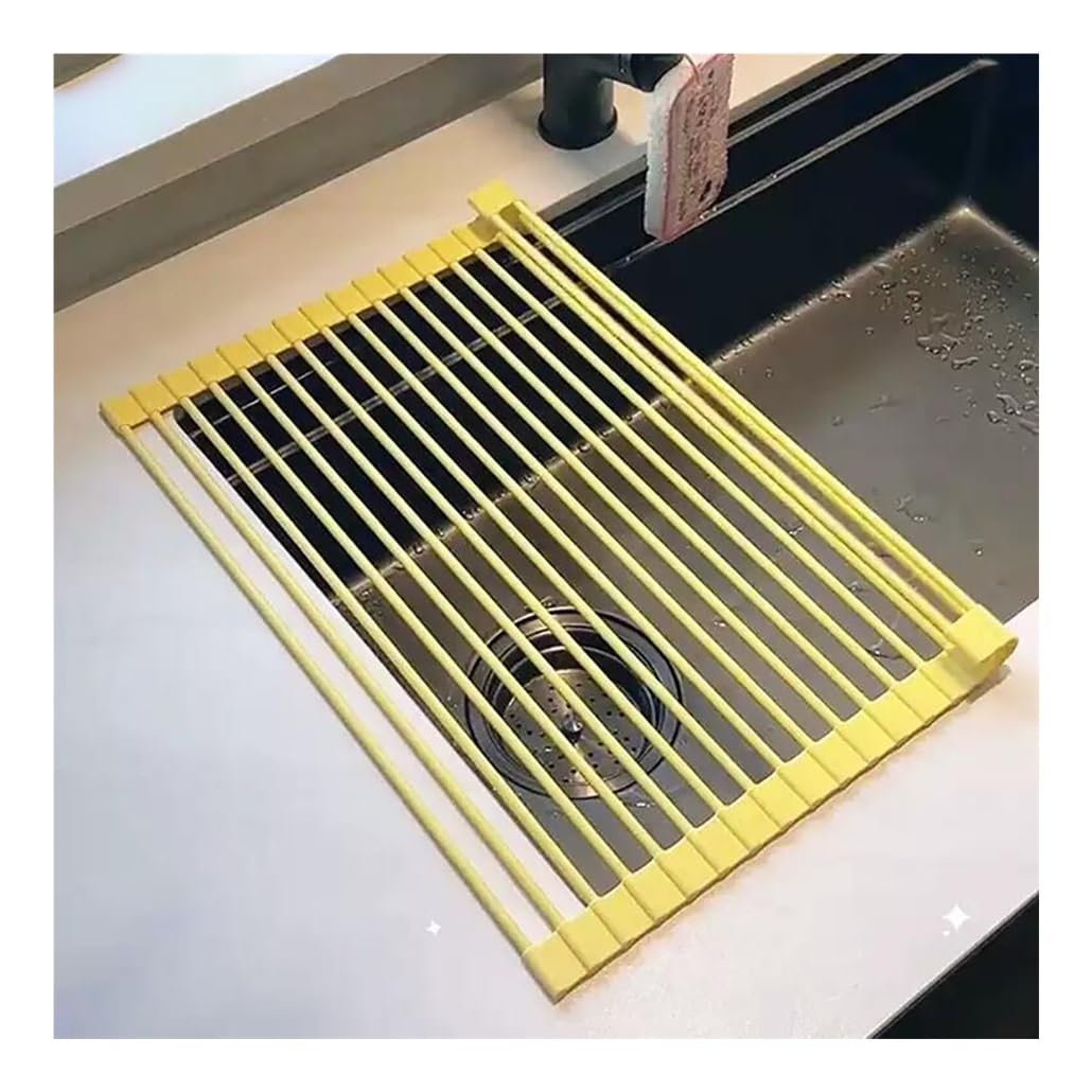 Escurreplatos plegable multiusos de silicona enrollable para fregadero, antideslizante, resistente al calor, para encimera, color amarillo, 43 x 33 cm, ahorra espacio en la cocina