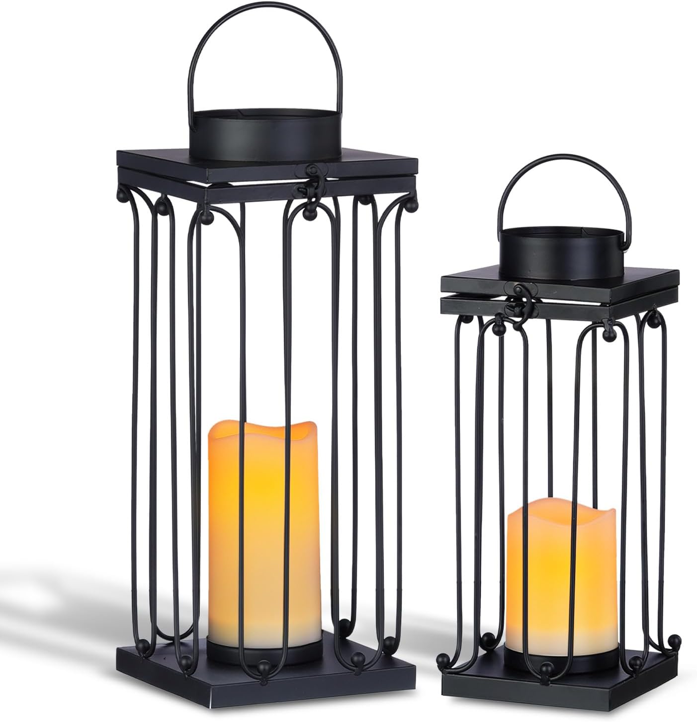 Solar Lantern Decorative Outdoor Set of 2 (18’’ & 15’’) Modern Black Metal Lanterns with Solar Candles, Decorative Candle Lanterns for Outdoor Porch, Patio, Garden, Yard Decor stripe