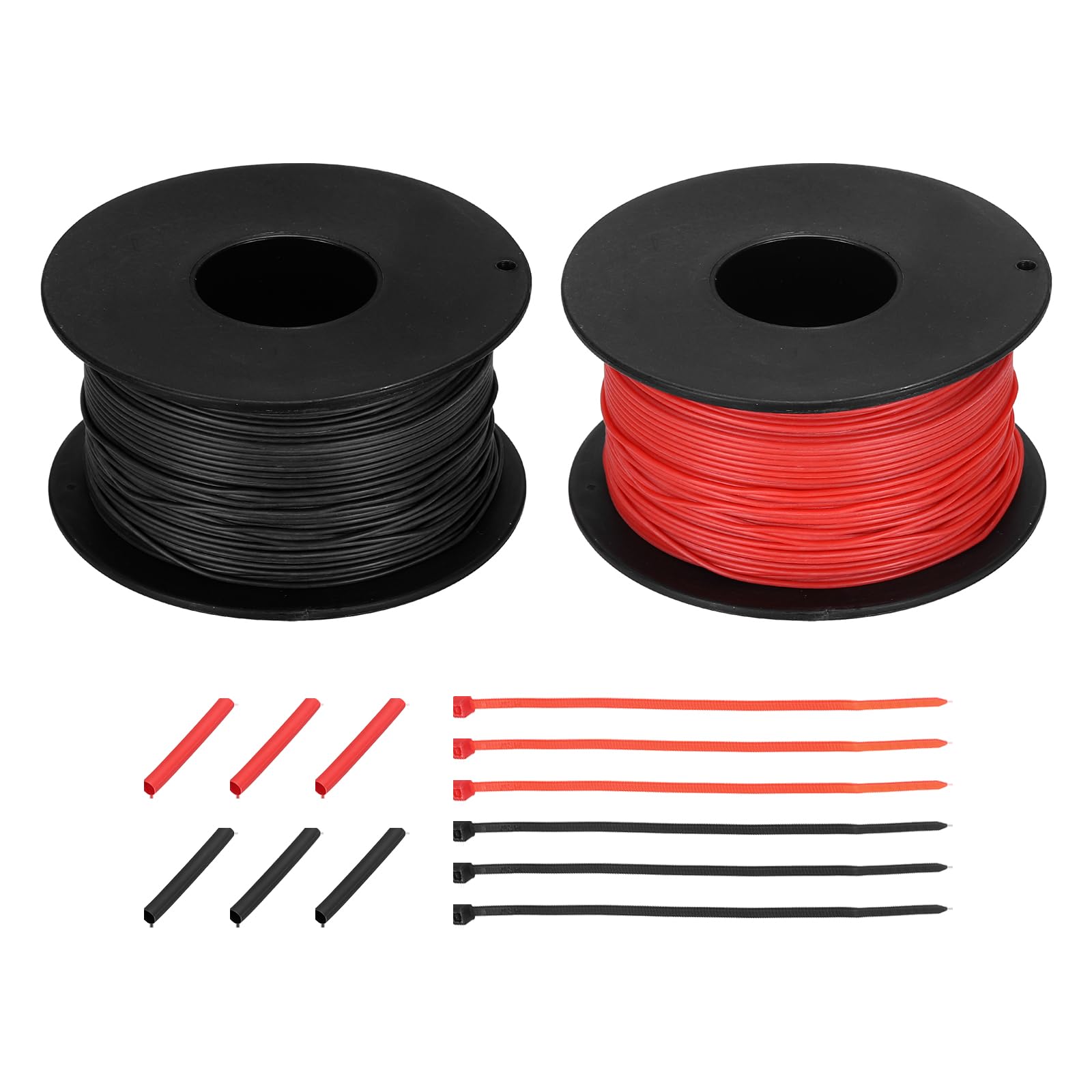 sourcing map 2pcs 30 AWG Silicone Electrical Wire Spool, 30 Gauge 91.4m/300ft Tinned Copper Electrical Wires with Heat Shrink Tubing & Cable Ties for Automotive, RV Inverter - Red & Black